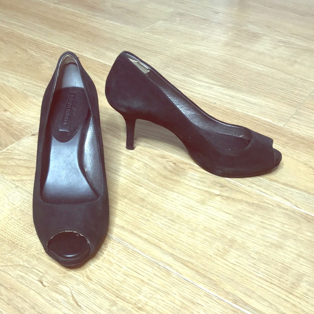 Black suede leather peep toe heels